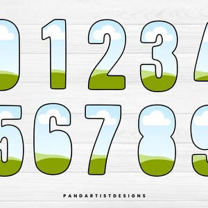 May include: A set of ten colourful numbers with a sky and grass design. The numbers are outlined in black and have a white cloud in the sky. The numbers are 0 through 9.
