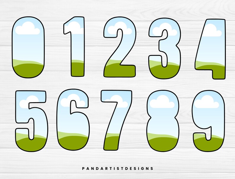 May include: A set of ten colourful numbers with a sky and grass design. The numbers are outlined in black and have a white cloud in the sky. The numbers are 0 through 9.