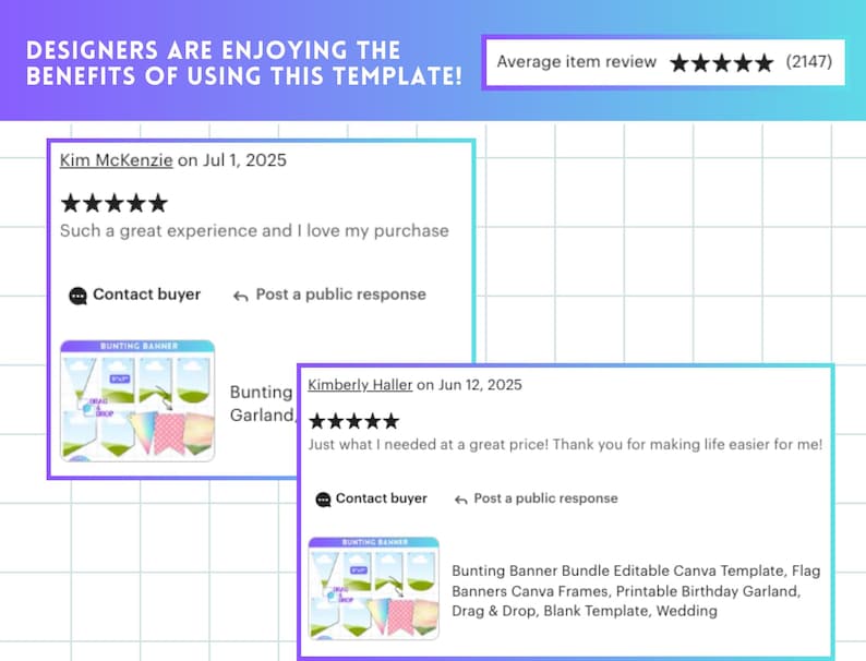 May include: Image featuring customer feedback for a template, presented in white boxes with text and star ratings. The top of the image displays the text "DESIGNERS ARE ENJOYING THE BENEFITS OF USING THIS TEMPLATE!" and an average item review.