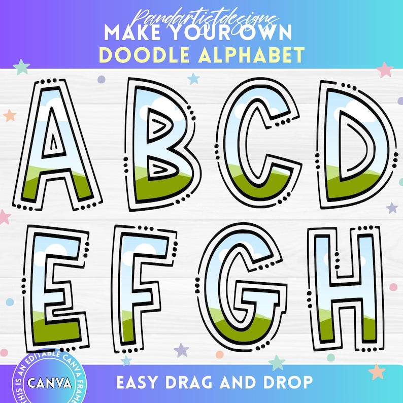 May include: A doodle alphabet featuring the letters A through H. Each letter is outlined in black with a white interior, a blue sky, and green grass. The text "MAKE YOUR OWN DOODLE ALPHABET" is at the top, and "EASY DRAG AND DROP" is at the bottom.
