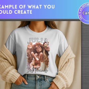 Puede incluir: Camiseta blanca con una foto de tres amigas y el texto "JULIA Best Friends" impreso en ella.