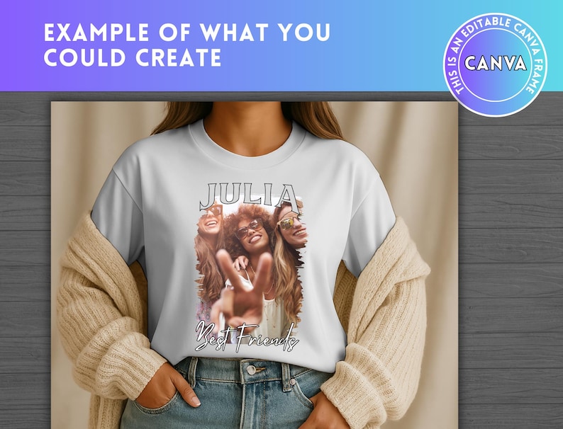 Puede incluir: Camiseta blanca con una foto de tres amigas y el texto "JULIA Best Friends" impreso en ella.