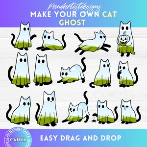 May include: A collection of cartoon cat ghost illustrations in various poses. The cats are white with black tails and eyes, wearing a ghost sheet with a green grassy bottom. Text reads "MAKE YOUR OWN CAT GHOST" and "EASY DRAG AND DROP".