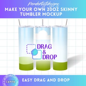 Könnte beinhalten: Drei 20oz schlanke Becher mit einem Farbverlauf von hellblau zu grün. Die Becher haben ein weißes Wolkenmuster auf dem mittleren Becher. Der Text "DRAG & DROP" befindet sich auf dem Bild. Der Text "EASY DRAG AND DROP" befindet sich am unteren Rand des Bildes.