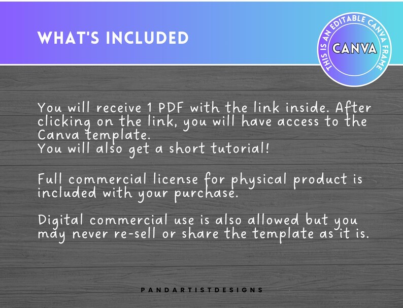 Puede incluir: Una imagen de listado de productos digitales con el texto "WHAT'S INCLUDED" en un cuadro blanco sobre un fondo de madera gris. El texto describe el contenido del producto, que es una plantilla de Canva. La imagen tambi&eacute;n incluye un c&iacute;rculo azul con el texto "THIS IS AN EDITABLE CANVA FRAME" y el logotipo de Canva.