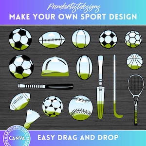 May include: A set of 16 black and white sports icons with a green and blue gradient. The icons include a football, baseball, basketball, soccer ball, tennis racket, hockey stick, cricket bat, golf club, badminton shuttlecock, and a baseball cap. The icons are on a woodgrain background with the text "MAKE YOUR OWN SPORT DESIGN" and "EASY DRAG AND DROP".