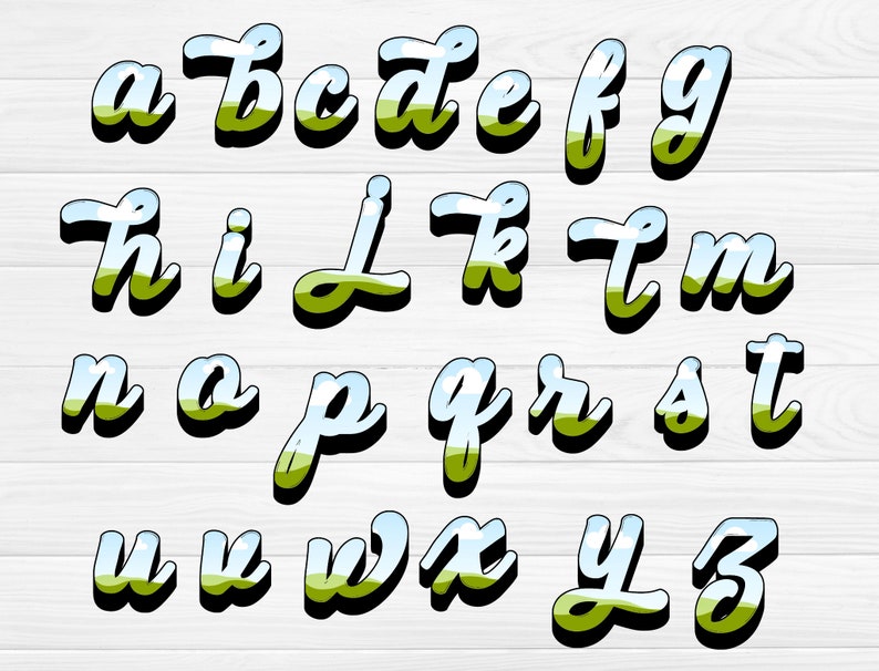 May include: A colorful alphabet with a 3D effect. Each letter has a green, blue, and white background, resembling a landscape.