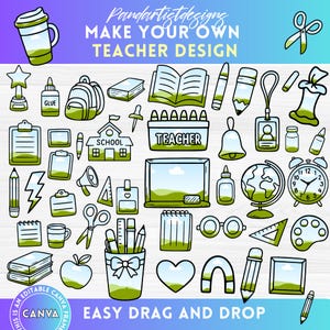 Può includere: Una collezione di elementi di clip art digitali a tema insegnante in verde e bianco, tra cui una scuola, matite, libri e una lavagna. È incluso anche il testo "MAKE YOUR OWN TEACHER DESIGN" e "EASY DRAG AND DROP".