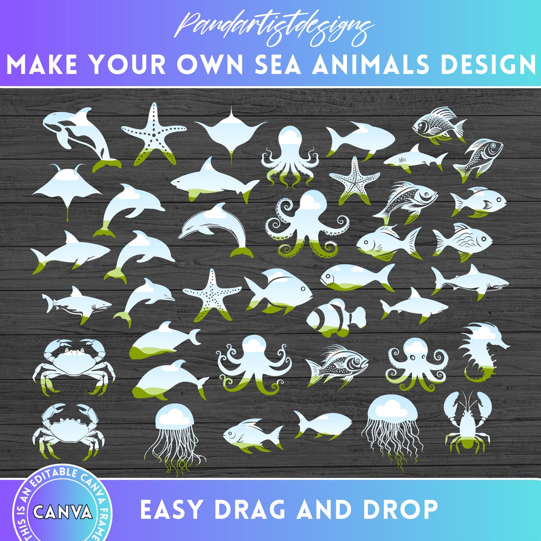Sea Animals Canva Frames Bundle - Fish Octopus Whales Shark Dolphin Png ...