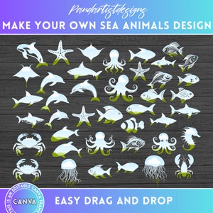 Puede incluir: Un conjunto de 25 imágenes de clipart digitales de animales marinos, incluyendo un cangrejo, un delfín, una medusa, un pulpo, un caballito de mar, un tiburón y una estrella de mar. Las imágenes están en un estilo de silueta blanca con un fondo verde y azul.
