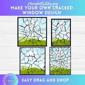 Passen Sie Ihr Cracked Fenster an - Bearbeitbares CANVA Rahmen Bundle - Erstellen Sie digitale gebrochene Glaselemente - Einfaches Ziehen und Ablegen - Auswirkungen auf PNG Clipart