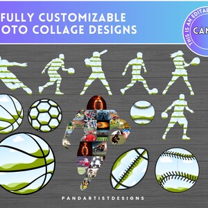 K&ouml;nnte beinhalten: 13 vollst&auml;ndig anpassbare Foto-Collage-Designs. Dies ist ein editierbarer Canva-Rahmen. Die Designs zeigen Silhouetten von Sportlern, die verschiedene Sportarten aus&uuml;ben, darunter Basketball, Fu&szlig;ball, Baseball und Tennis. Die Silhouetten sind mit einer Fotocollage gef&uuml;llt, wodurch ein einzigartiges und individuelles Design entsteht.