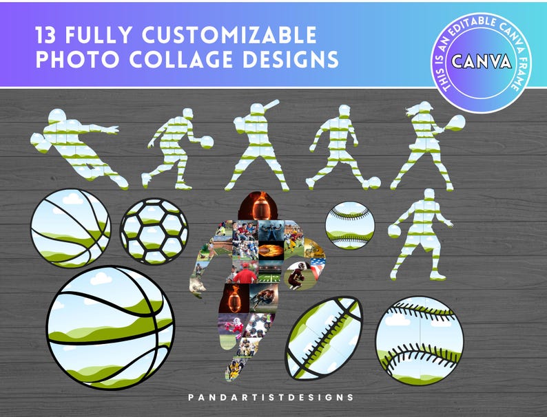 K&ouml;nnte beinhalten: 13 vollst&auml;ndig anpassbare Foto-Collage-Designs. Dies ist ein editierbarer Canva-Rahmen. Die Designs zeigen Silhouetten von Sportlern, die verschiedene Sportarten aus&uuml;ben, darunter Basketball, Fu&szlig;ball, Baseball und Tennis. Die Silhouetten sind mit einer Fotocollage gef&uuml;llt, wodurch ein einzigartiges und individuelles Design entsteht.