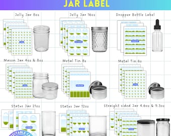 Może przedstawiać: Arkusz etykiet na słoiki i butelki z napisem "MAKE YOUR OWN JAR LABEL". Etykiety przeznaczone są do różnych rozmiarów słoików, w tym Jelly, Mason, Status i Straight-sided oraz metalowych puszek. Arkusz ma wymiary 21,59 cm x 27,94 cm i zawiera napis "EDITABLE CANVA".