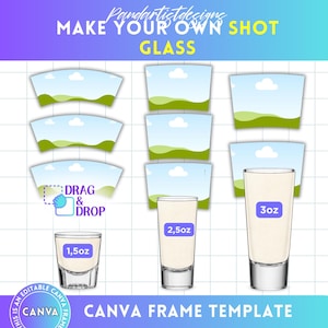 Modello modificabile per bicchierini da shot Canva, involucro per bicchierini da shot da 1,5 oz, 2,5 oz, 3 oz, trascina e rilascia, bomboniere fai da te per bicchierini da shot, cornice modello vuota