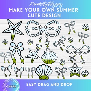 May include: A set of 16 summer-themed digital clipart images. The images include seashells, starfish, bows, and pearls. The images are in a cartoon style and are perfect for creating summer-themed crafts, cards, and other projects.