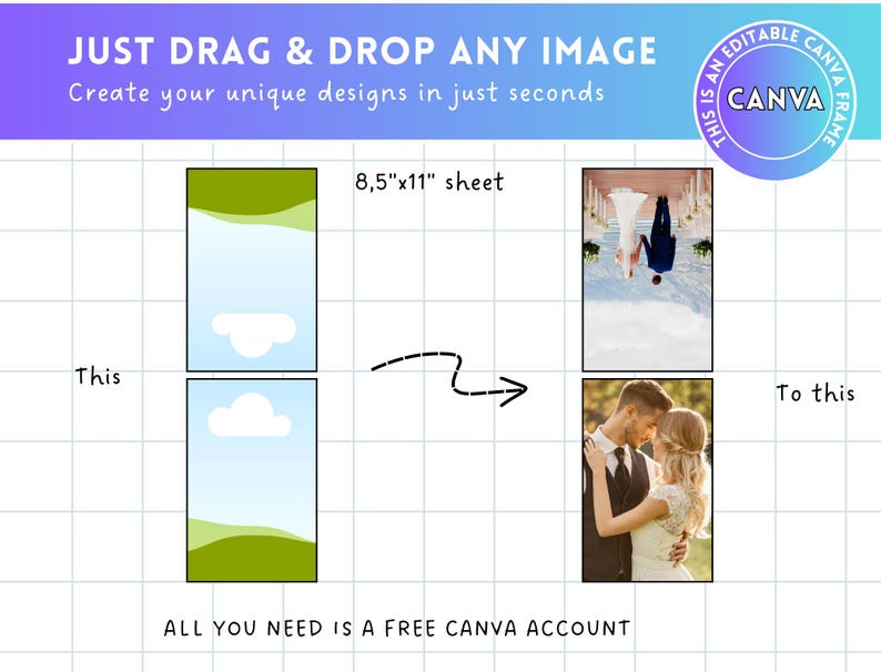 May include: A graphic demonstrating how to create designs using Canva. The text reads "JUST DRAG & DROP ANY IMAGE" and "Create your unique designs in just seconds." The image shows a before and after example using an 8.5"x11" sheet. The Canva logo is visible.