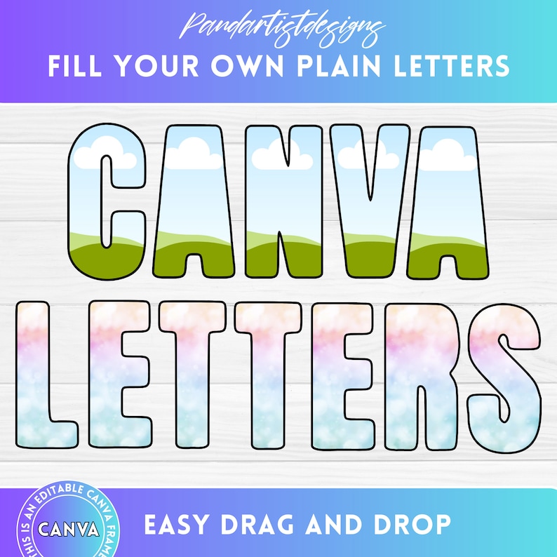 May include: Editable Canva letters with a sky and grass design. The letters are outlined in black and have a white background. The text "EASY DRAG AND DROP" is at the bottom of the image.