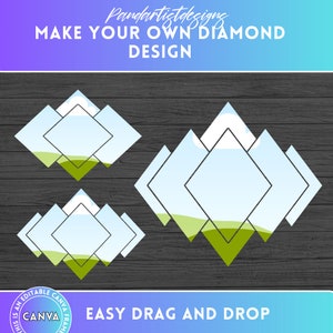 May include: A digital template for creating a diamond-shaped design. The template features a layered design of overlapping squares with a blue sky and green grass background. The text "EASY DRAG AND DROP" is at the bottom of the image.