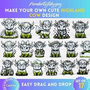 Cute Highland Cow Editable Canva Frames, Floral Cow Clipart, Funny Farm Animal Designs, Drag and Drop, Sublimation Template, Baby Cows svg