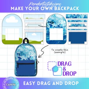 Modelo de mochila AOP editável Canva, mochila escolar, tabelas de tamanhos de moldura, arrastar e soltar, pacote de molduras Canva, ferramenta de impressão sob demanda, acessórios