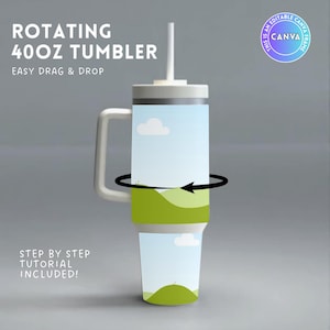 May include: Rotating 40oz tumbler with a green and blue landscape design. The tumbler has a handle and a straw. The design is easy to drag and drop and includes a step-by-step tutorial.