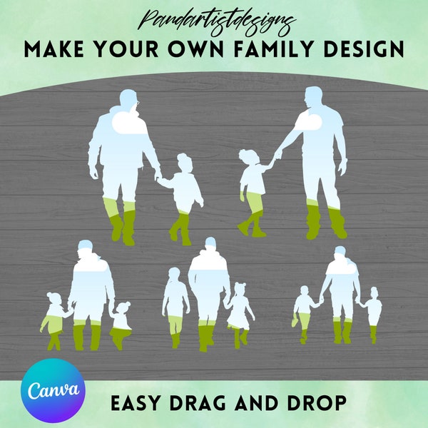 Family Dad and Kids Canva Frames Bundle - Make your Own Father and Children Design - Drag and Drop Photo Sublimation Template PNG Silouhette