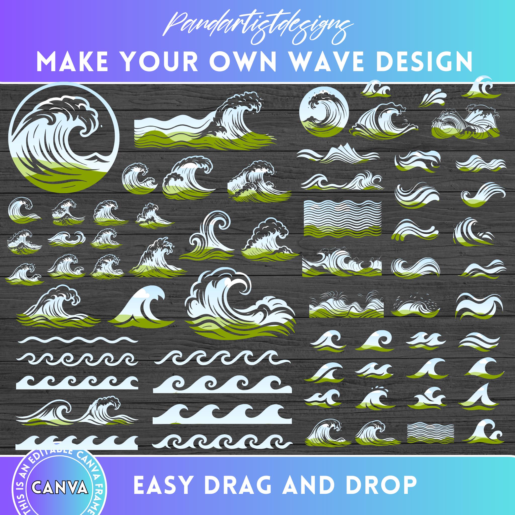 Wave Canva Frames Bundle, Japanese Waves Designs, Ocean Svg, Drag