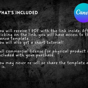 May include: Text on a black background that reads "WHAT'S INCLUDED" and "You will receive 1 PDF with the link inside. After clicking on the link, you will have access to the Canva template. You will also get a short tutorial! Full commercial license for physical product is included with your purchase. You may never re-sell or share the template as it is." A blue and teal Canva logo is in the upper right corner.