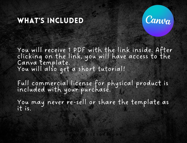 May include: Text on a black background that reads "WHAT'S INCLUDED" and "You will receive 1 PDF with the link inside. After clicking on the link, you will have access to the Canva template. You will also get a short tutorial! Full commercial license for physical product is included with your purchase. You may never re-sell or share the template as it is." A blue and teal Canva logo is in the upper right corner.