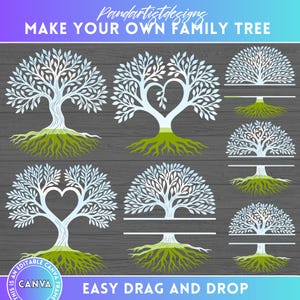 Puede incluir: Un diseño digital con múltiples ilustraciones de árboles blancos, cada uno con raíces y hojas verdes. Algunos árboles tienen diseños en forma de corazón. Se muestra el texto "MAKE YOUR OWN FAMILY TREE" y "EASY DRAG AND DROP". El diseño está etiquetado como "CANVA".