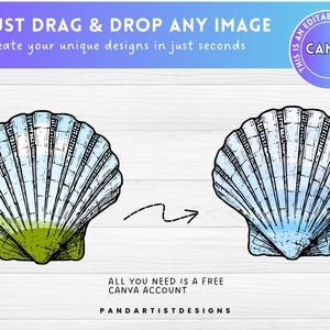 K&ouml;nnte beinhalten: Eine digitale Illustration einer Muschel mit einem blauen und gr&uuml;nen Farbverlauf. Das Bild zeigt, wie man mit einem kostenlosen Canva-Konto einzigartige Designs erstellt, indem man Bilder per Drag & Drop einf&uuml;gt.