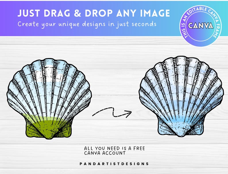 K&ouml;nnte beinhalten: Eine digitale Illustration einer Muschel mit einem blauen und gr&uuml;nen Farbverlauf. Das Bild zeigt, wie man mit einem kostenlosen Canva-Konto einzigartige Designs erstellt, indem man Bilder per Drag & Drop einf&uuml;gt.