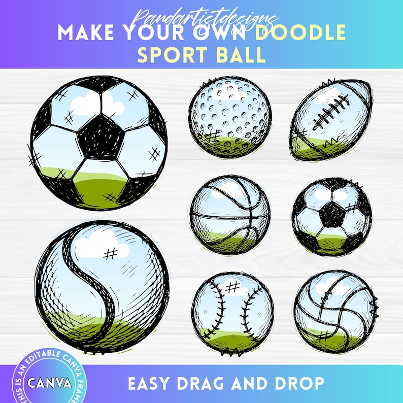 Doodle Sports Balls Editable Canva Frames, Baseball Design, Football ...