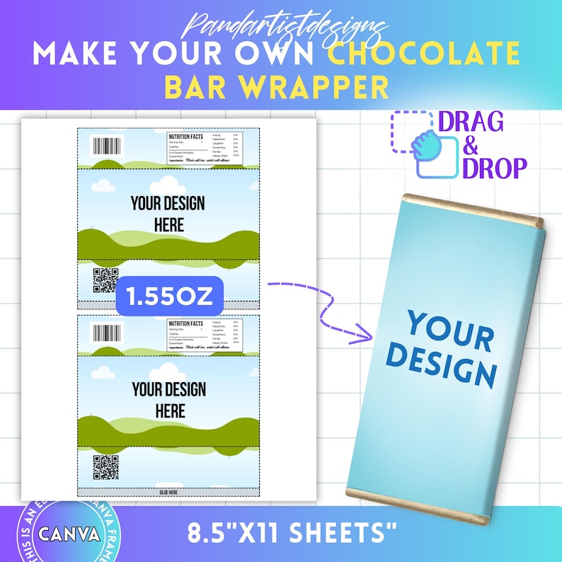 May include: A design template for a chocolate bar wrapper with the text "MAKE YOUR OWN CHOCOLATE BAR WRAPPER". The template includes space for a custom design, with a 1.55 oz measurement. The design is for 8.5"x11" sheets.