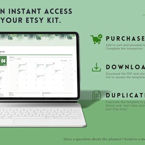 May include: A laptop computer displaying a digital planner for Etsy sellers. The planner is titled "Etsy Seller Kit" and includes a calendar, a list of tasks, and a section for notes. The image also includes text that says "Gain instant access to your Etsy kit." and instructions on how to purchase, download, and duplicate the planner.