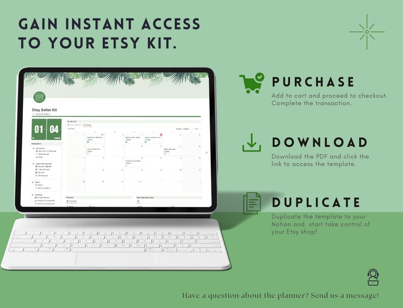 May include: A laptop computer displaying a digital planner for Etsy sellers. The planner is titled "Etsy Seller Kit" and includes a calendar, a list of tasks, and a section for notes. The image also includes text that says "Gain instant access to your Etsy kit." and instructions on how to purchase, download, and duplicate the planner.