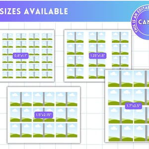 Puede incluir: Imagen que muestra cuatro tama&ntilde;os diferentes de plantillas imprimibles. Los tama&ntilde;os est&aacute;n etiquetados como 0,8"x1,1", 1,25"x1,8", 1,5"x2,15" y 1,7"x2,5" (aproximadamente 2,03cm x 2,79cm, 3,18cm x 4,57cm, 3,81cm x 5,46cm, y 4,32cm x 6,35cm). El texto dice "4 TAMA&Ntilde;OS DISPONIBLES" y "THIS IS AN EDITABLE CANVA FRAME".