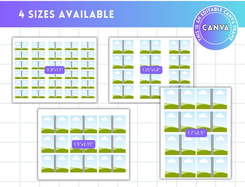 Puede incluir: Imagen que muestra cuatro tama&ntilde;os diferentes de plantillas imprimibles. Los tama&ntilde;os est&aacute;n etiquetados como 0,8"x1,1", 1,25"x1,8", 1,5"x2,15" y 1,7"x2,5" (aproximadamente 2,03cm x 2,79cm, 3,18cm x 4,57cm, 3,81cm x 5,46cm, y 4,32cm x 6,35cm). El texto dice "4 TAMA&Ntilde;OS DISPONIBLES" y "THIS IS AN EDITABLE CANVA FRAME".