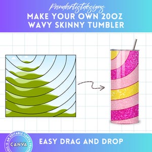 Pode incluir: Um modelo de design digital para um copo magro de 20 onças com um padrão ondulado abstrato com colinas verdes e céu azul. O texto "MAKE YOUR OWN 20OZ WAVY SKINNY TUMBLER" está no topo da imagem. O texto "EASY DRAG AND DROP" está na parte inferior da imagem.