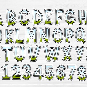 May include: A full alphabet and number set in a whimsical, hand-drawn style. Each letter and number is outlined in black with a dotted border, filled with a green landscape at the bottom and a blue sky above.