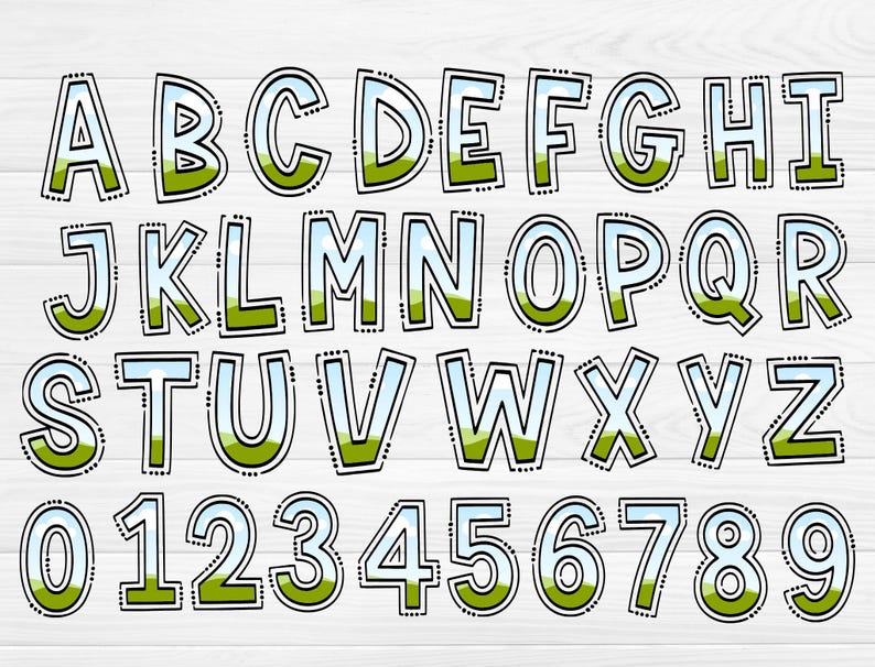 May include: A full alphabet and number set in a whimsical, hand-drawn style. Each letter and number is outlined in black with a dotted border, filled with a green landscape at the bottom and a blue sky above.