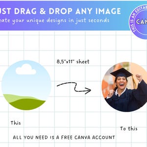 May include: A graphic showing how to use Canva to create designs. The graphic shows a simple illustration of a landscape with a blue sky and green hills, and an arrow pointing to a photo of a person wearing a graduation cap and gown. The text reads "JUST DRAG & DROP ANY IMAGE", "Create your unique designs in just seconds", "8.5"x11" sheet", "This", "To this", and "ALL YOU NEED IS A FREE CANVA ACCOUNT".