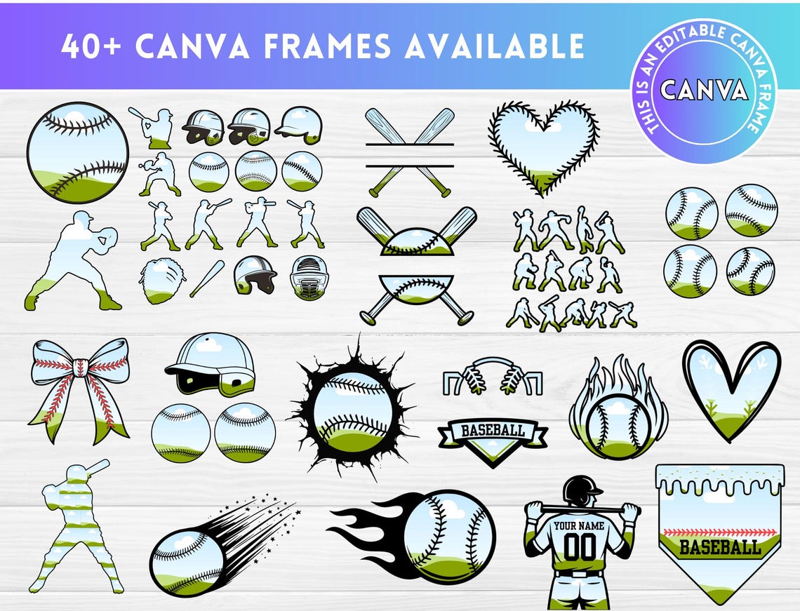 Baseball Editable Canva Frames Bundle, Baseball Coquette Bow, Drag and ...