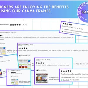 May include: A graphic with the text "DESIGNERS ARE ENJOYING THE BENEFITS OF USING OUR CANVA FRAMES." The image includes customer reviews with five-star ratings and the text "CANVA." The average item review is five stars based on 1638 reviews.