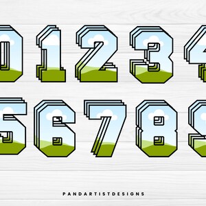 May include: A set of ten colorful numbers with a layered, 3D effect. Each number features a blue sky with white clouds and a green grassy field at the bottom.