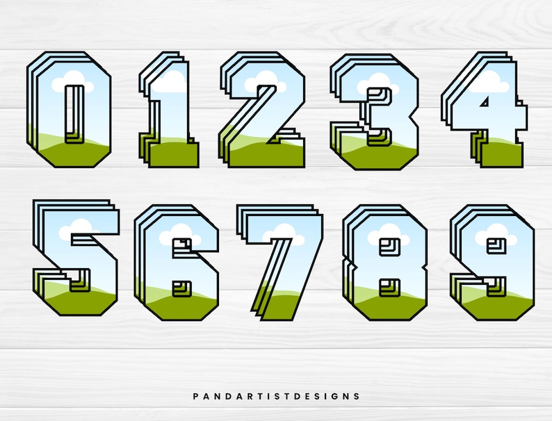 May include: A set of ten colorful numbers with a layered, 3D effect. Each number features a blue sky with white clouds and a green grassy field at the bottom.