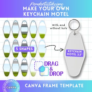 May include: Canva frame template for creating custom keychain motel key tags. The template includes five different shapes, with and without a hole, and a drag and drop feature. The text "KEYCHAIN MOTEL 3.5"" is included on the template.