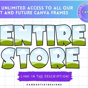 Pu&ograve; includere: Un design grafico con il testo "ENTIRE STORE" in grandi lettere nere, in grassetto, su uno sfondo di cielo blu e nuvole bianche. Il testo "LINK IN THE DESCRIPTION!" &egrave; sotto il testo principale in lettere nere pi&ugrave; piccole. Il testo "PANDARTISTDESIGNS" &egrave; sotto il testo di descrizione.