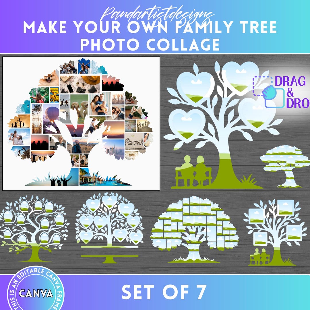 Family Tree Photo Collage Editable Canva Frame, Heart Family Member ...